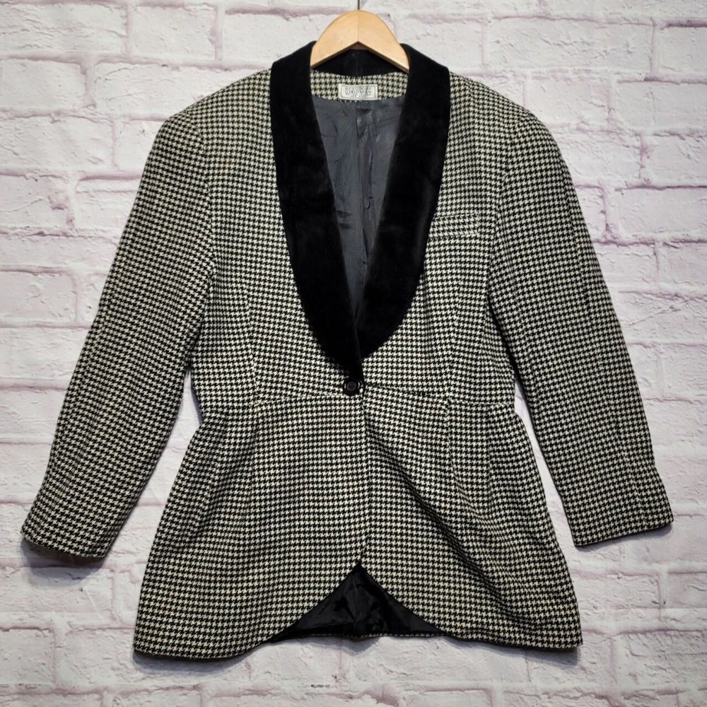 Vintage Bergdorf Goodman‎ Houndstooth Blazer Velvet Shawl Collar Jacket Peplum